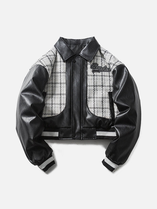 Levefly - Check Patchwork PU Embroidery Winter Coat - Streetwear Fashion - levefly.com