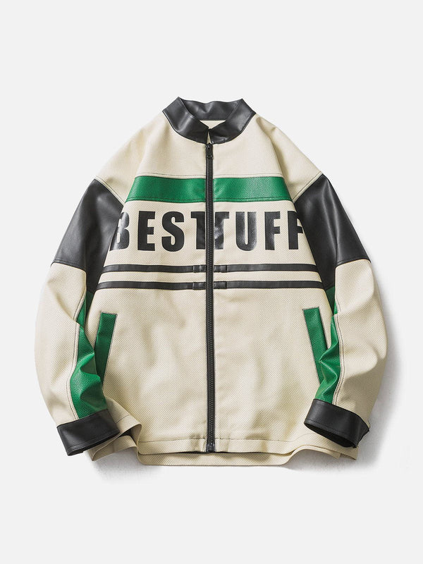 Levefly - Contrast Splicing Stand Collar Leather Jacket - Streetwear Fashion - levefly.com
