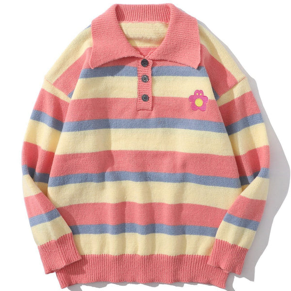 Levefly - Contrast Striped Cartoon Embroidered Knited Sweater - Streetwear Fashion - levefly.com