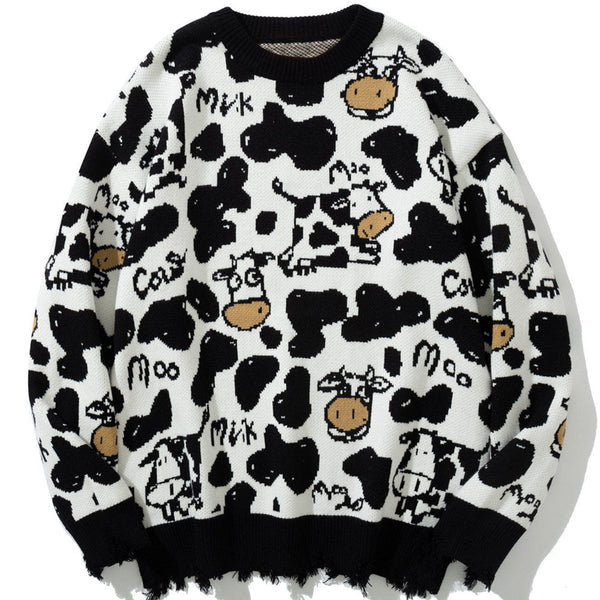 Levefly - Cow Embroidered Knit Sweater - Streetwear Fashion - levefly.com