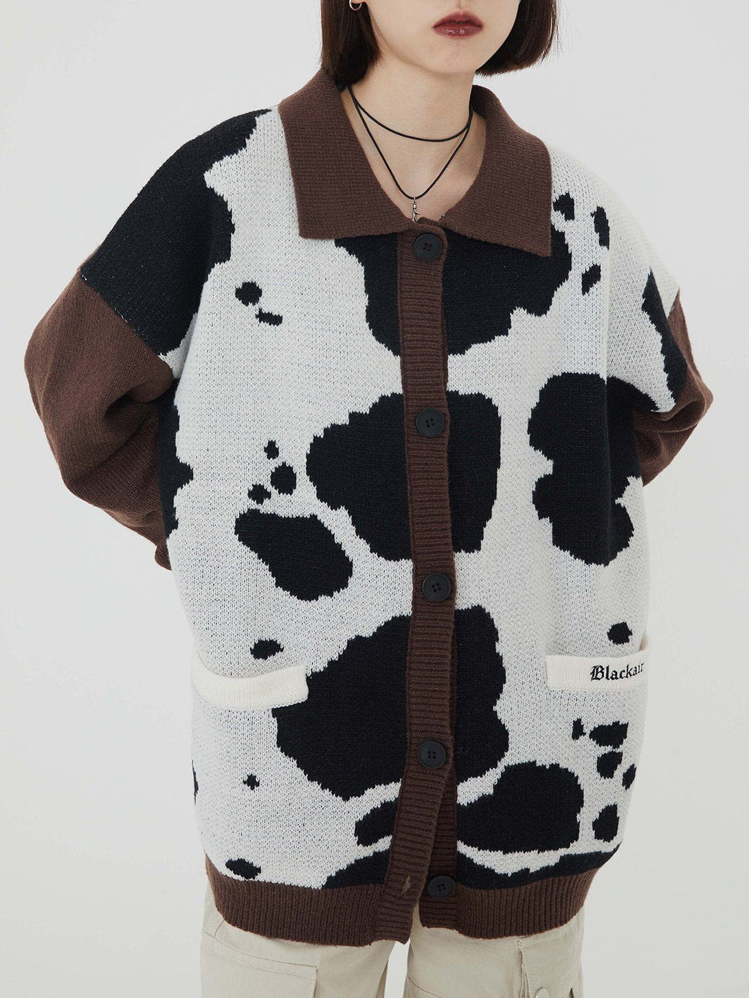 Levefly - Cow Print Polo Collar Cardigan - Streetwear Fashion - levefly.com