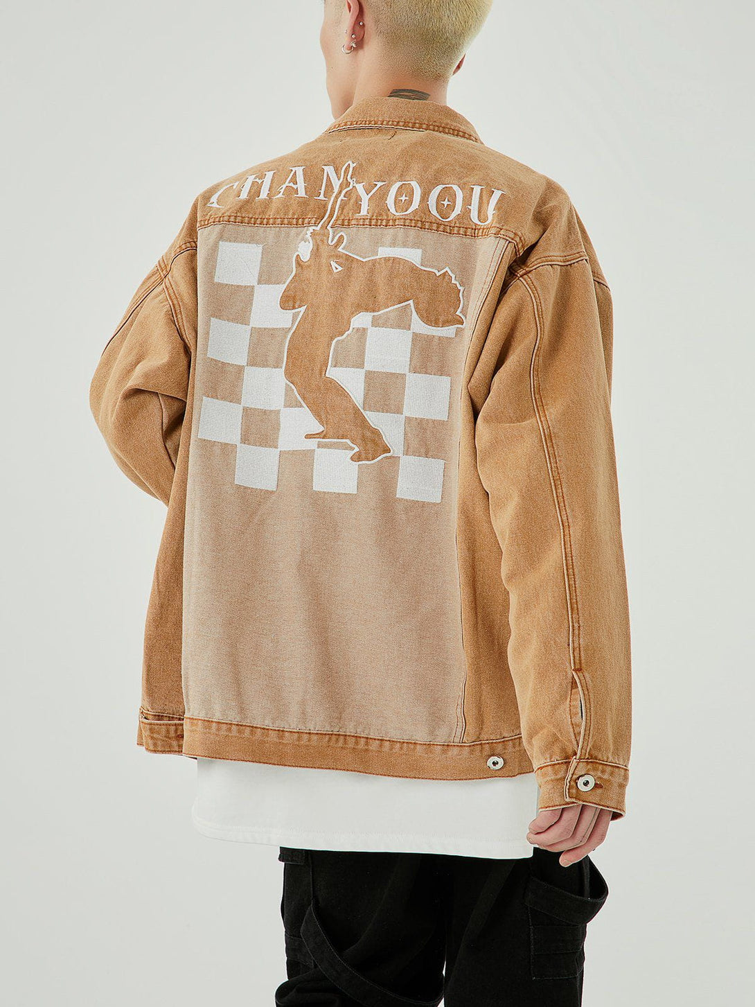 Levefly - Embroidered Checkerboard Denim Jacket - Streetwear Fashion - levefly.com