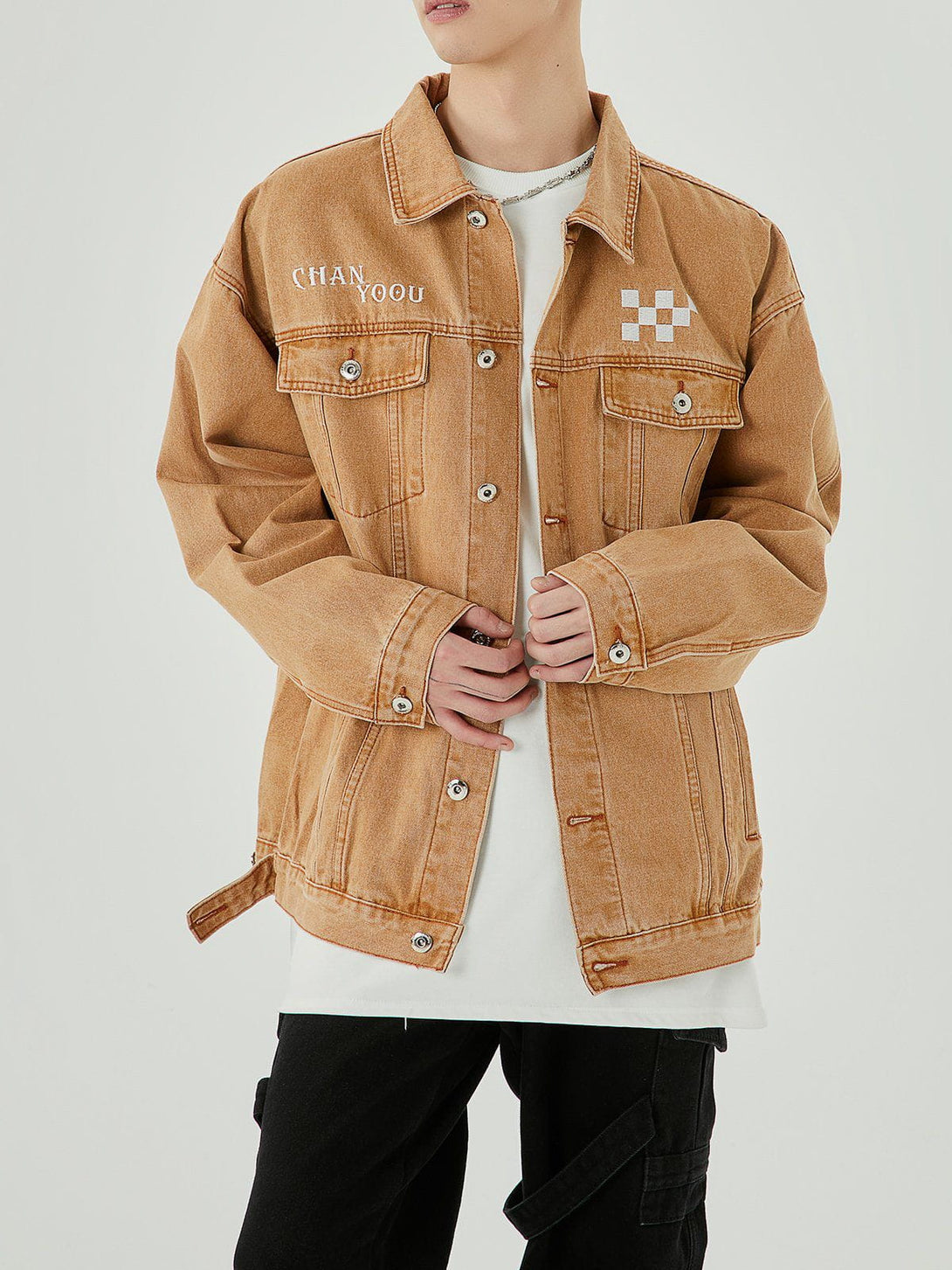 Levefly - Embroidered Checkerboard Denim Jacket - Streetwear Fashion - levefly.com