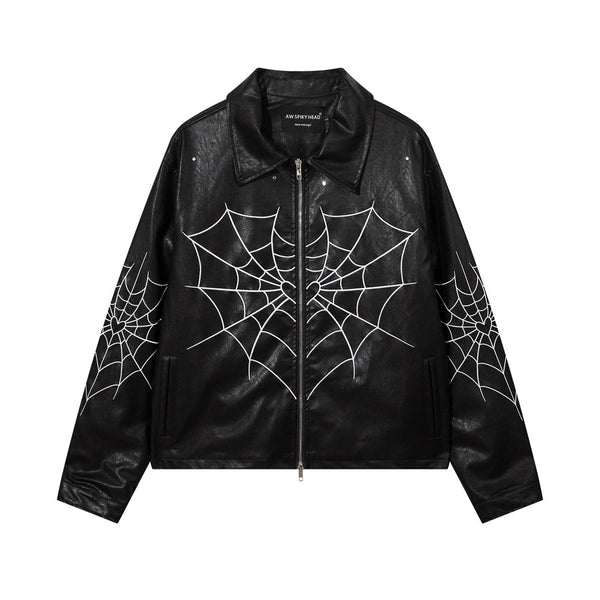 Levefly - High Street Retro Spider Web Embroidery Leather Jacket - Streetwear Fashion - levefly.com