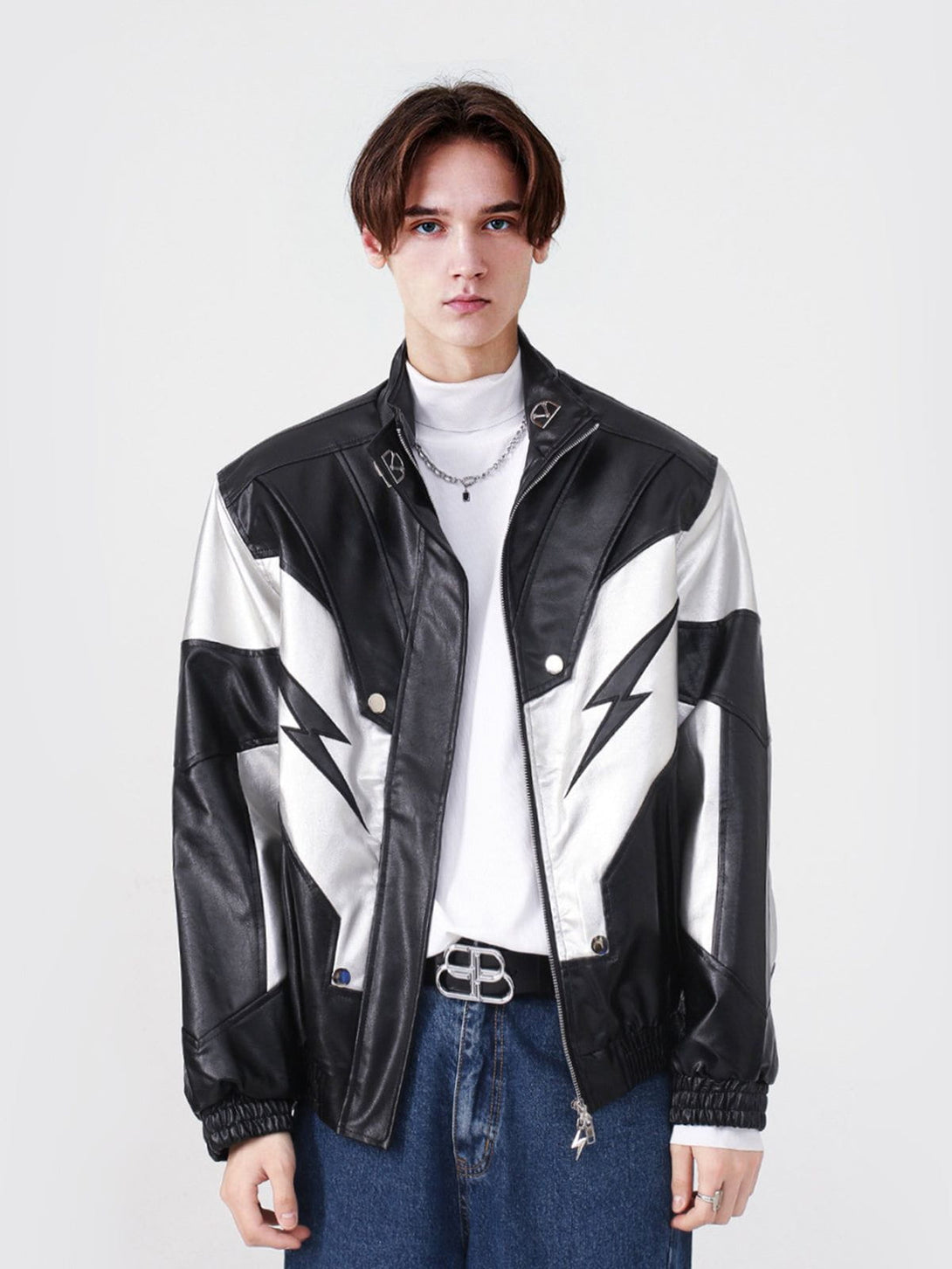 Levefly - Racing Contrast Panel Lightning Leather Jacket - Streetwear Fashion - levefly.com