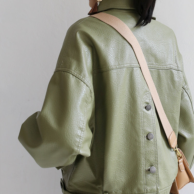 Levefly - Spring Autumn Green Leather Jacket - Streetwear Fashion - levefly.com