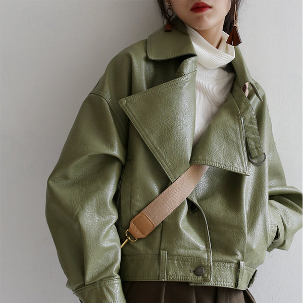 Levefly - Spring Autumn Green Leather Jacket - Streetwear Fashion - levefly.com