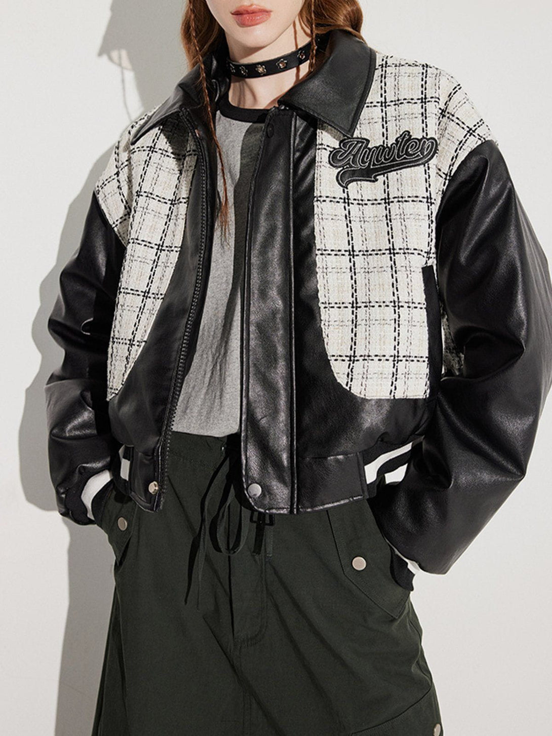 Levefly - Check Patchwork PU Embroidery Winter Coat - Streetwear Fashion - levefly.com