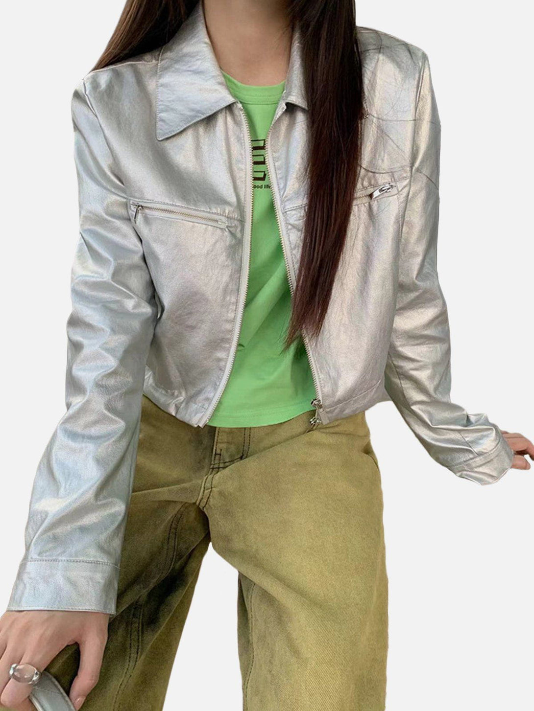 Levefly - Shiny Silver Cropped Jacket - Streetwear Fashion - levefly.com
